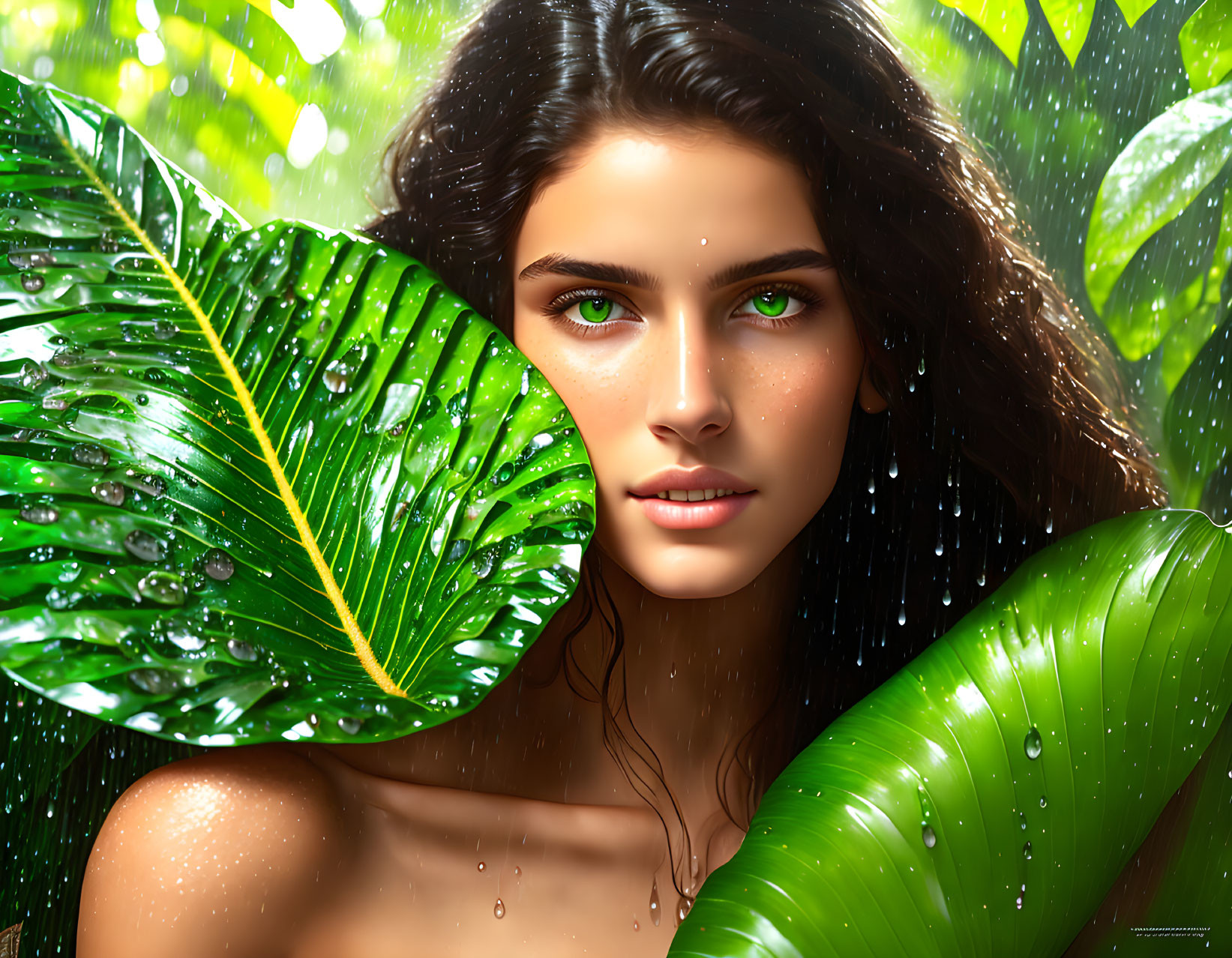 Woman with Green Eyes Peeking Through Lush Rain-Kissed Leaves