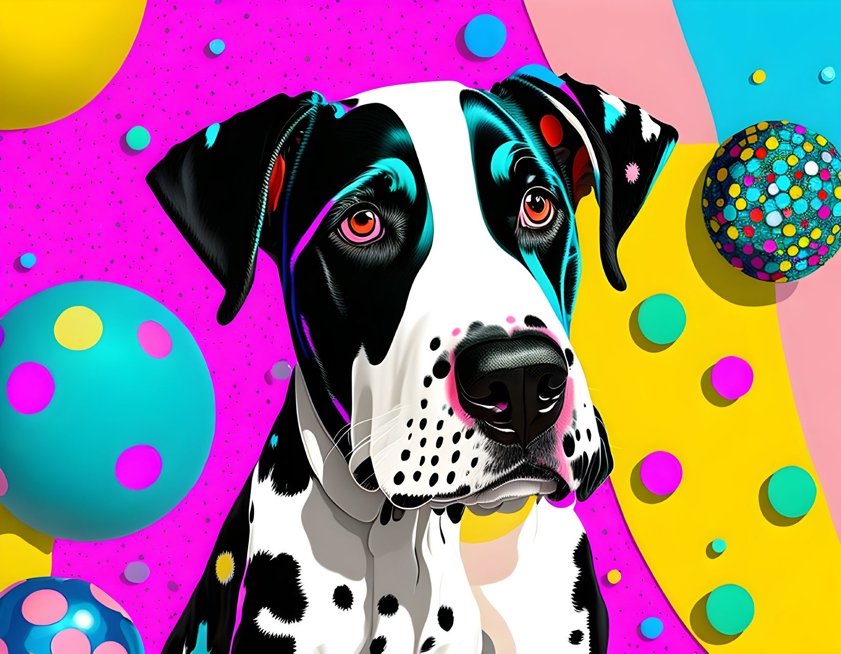 Vibrant Close-Up Digital Art: Dalmatian Dog with Polka-Dotted Background