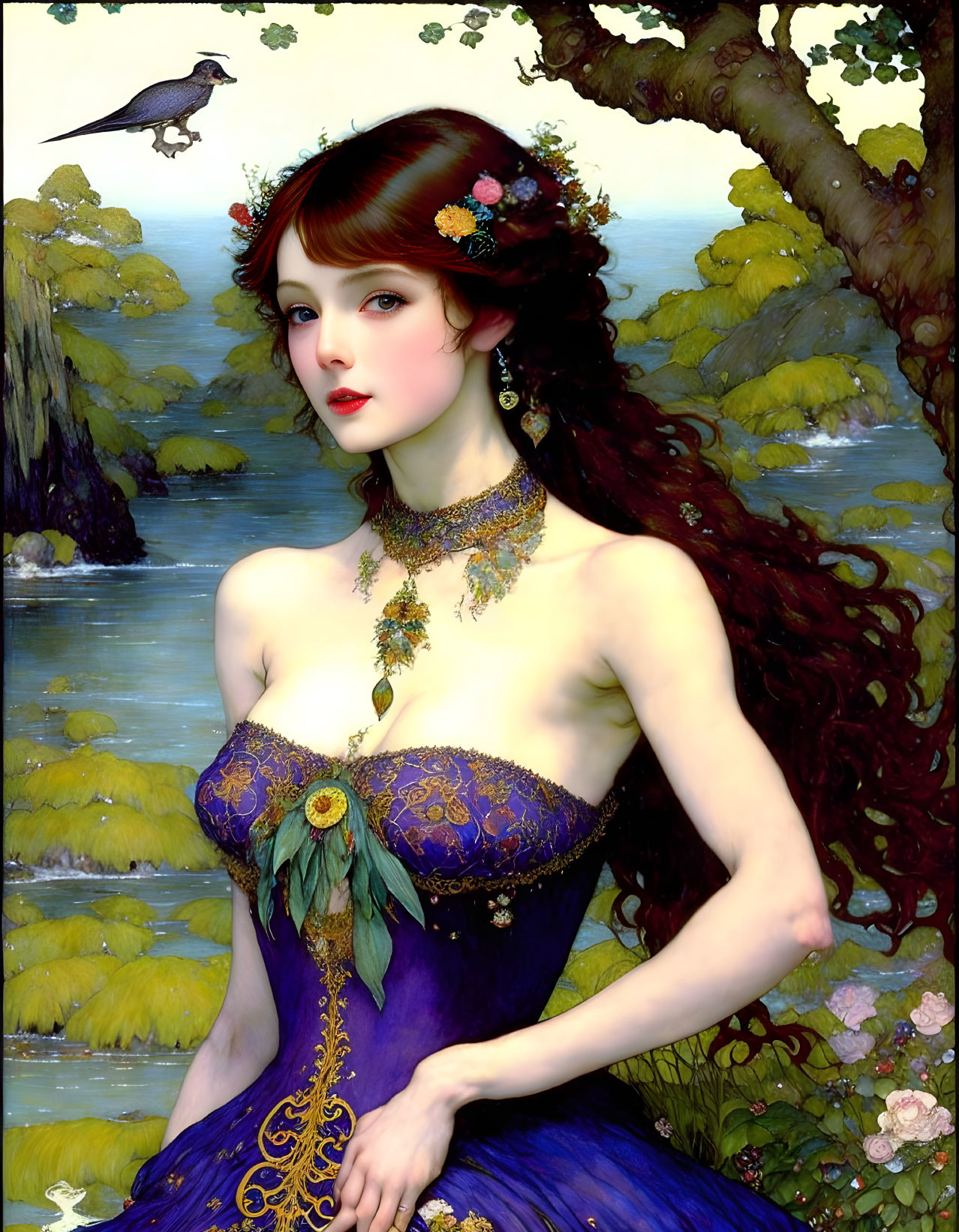 Woman in Floral Headpiece & Purple Dress by Water with Crow