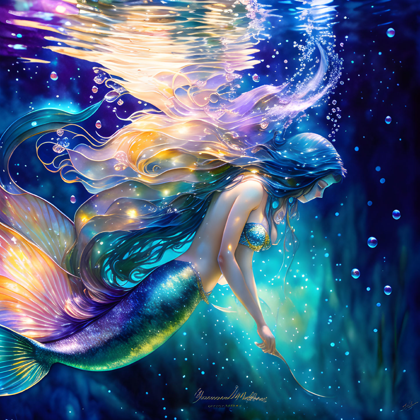 Colorful Mermaid Illustration Swimming Underwater