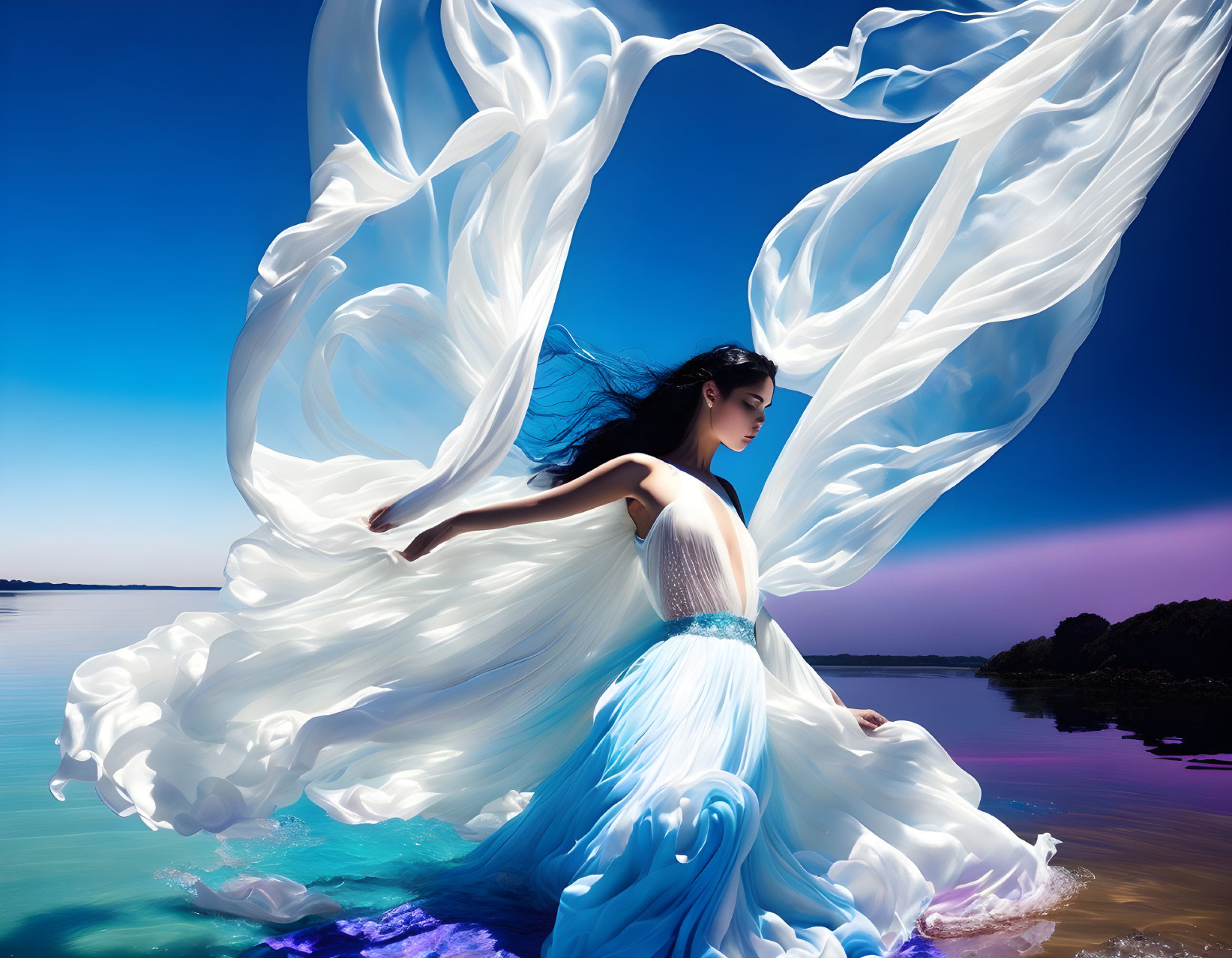 Woman in flowing blue dress by water with billowing fabric creating heart shape against clear blue sky