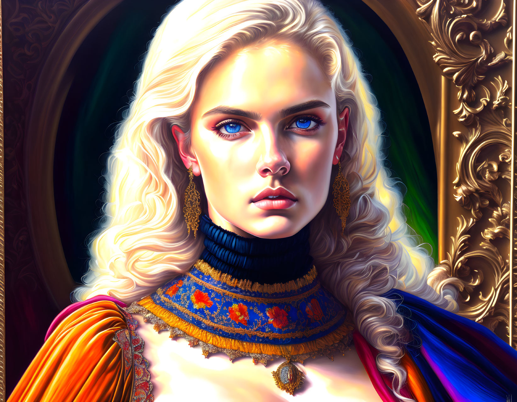 Illustrated portrait of woman: blue eyes, platinum blonde hair, gold earrings, blue choker,