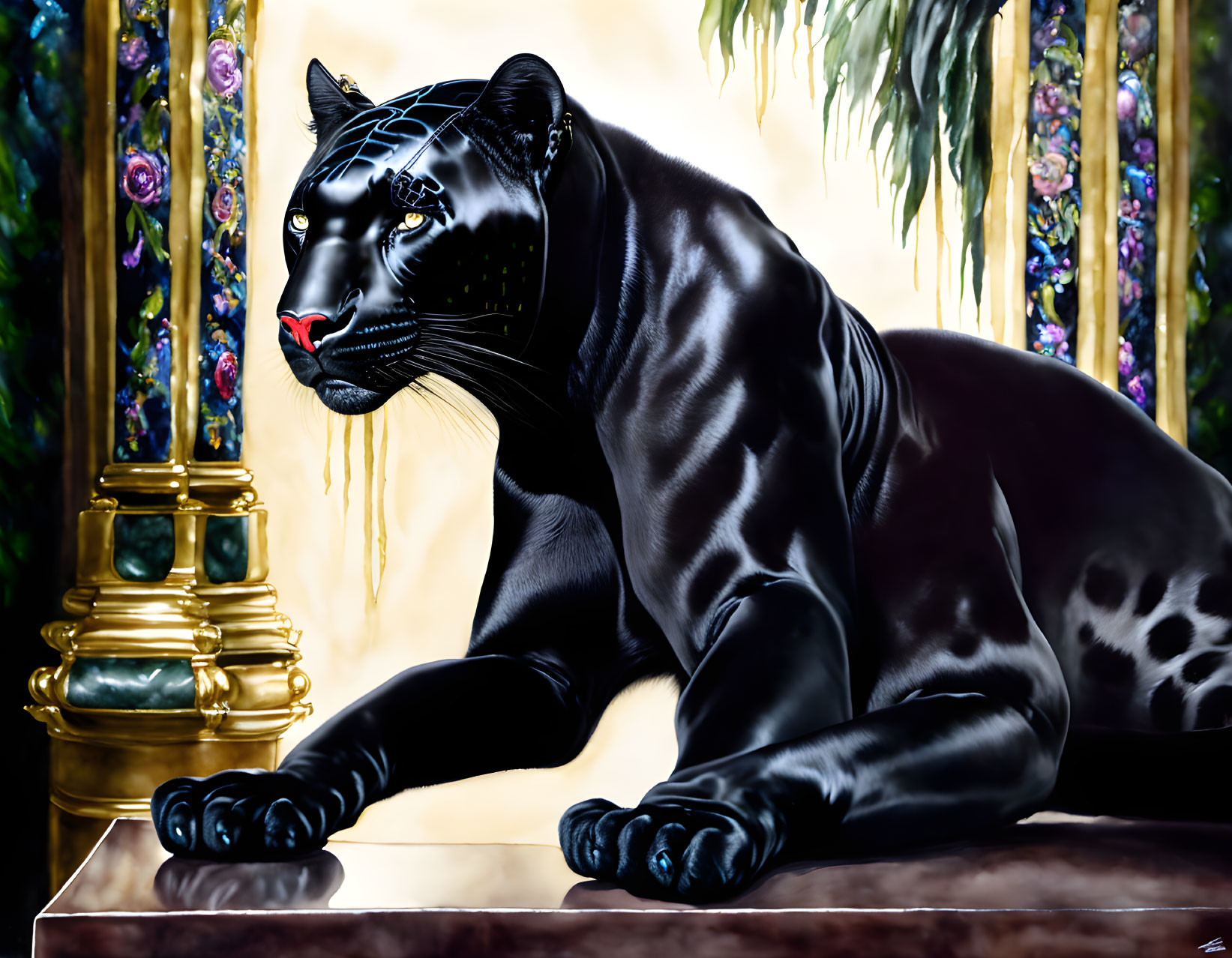 Black Panther with Green Eyes Resting Against Luxurious Backdrop