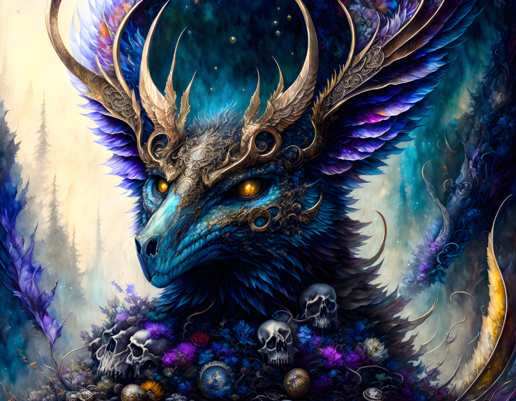 Mythical dragon with antlers, blue scales, purple wings in mystical forest