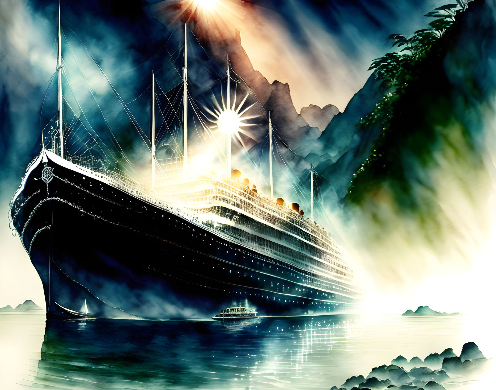 Luxurious cruise ship sailing under radiant sun and misty mountains