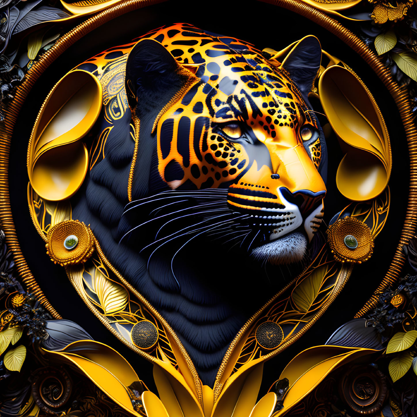 Stylized golden jaguar with intricate floral patterns