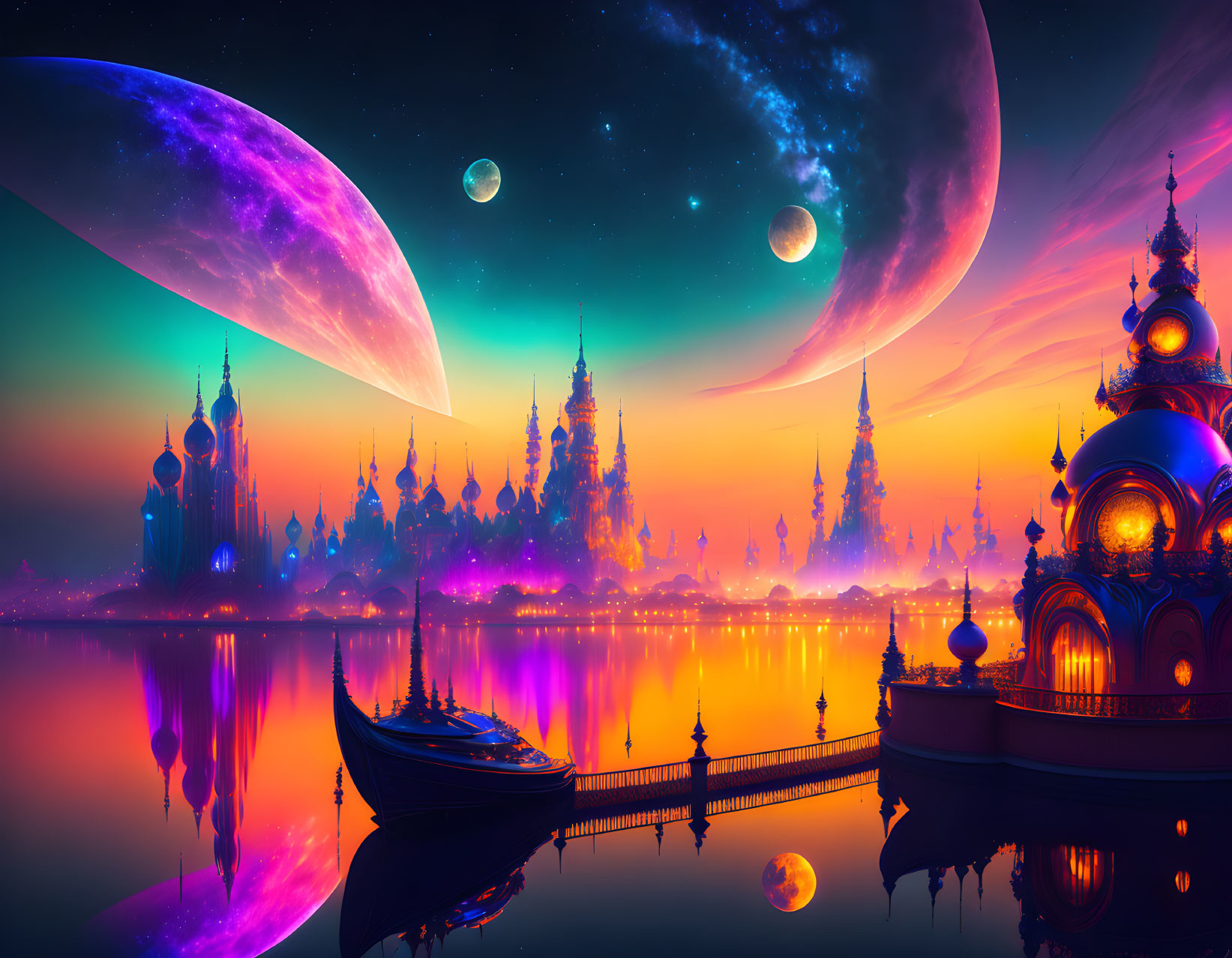 Vibrant Fantasy Landscape: Ornate Buildings, Reflective Lake, Boat, Moons