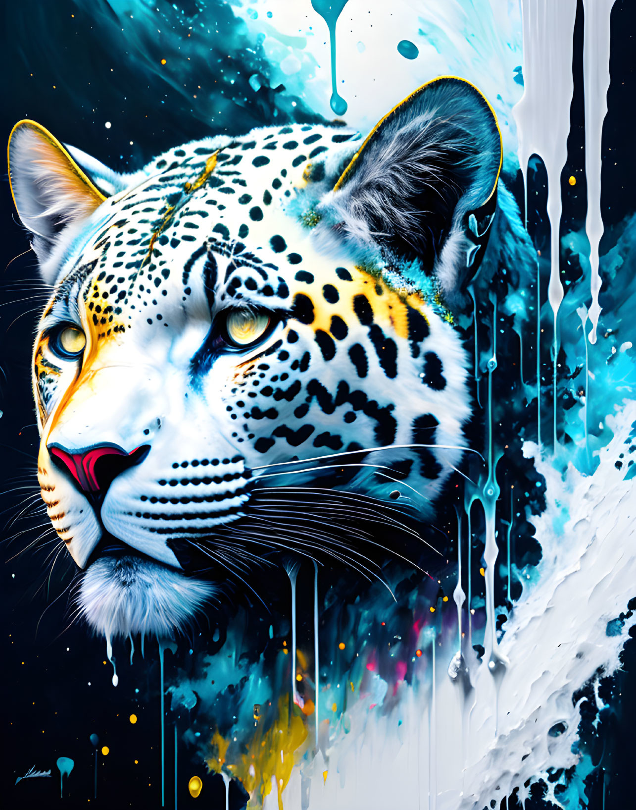 Colorful digital artwork: Jaguar with yellow, blue, and white splashes