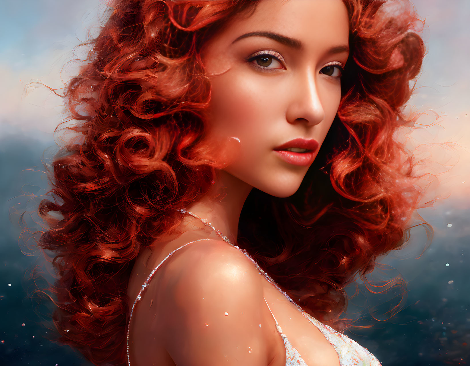 Curly Red-Haired Woman with Striking Features in Dreamy Setting