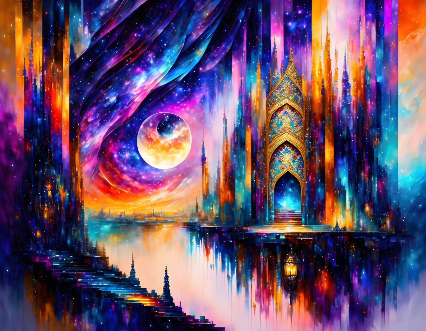 Colorful Fantasy Landscape with Moon, Nebulae, and Arching Doorway