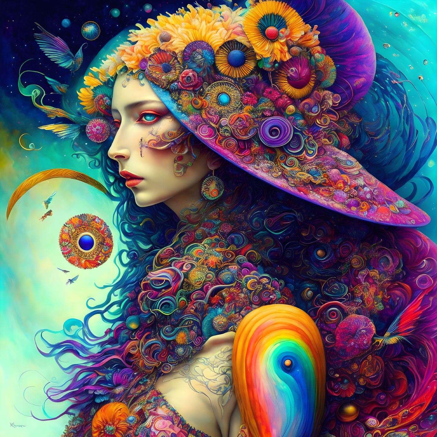 Colorful Artwork of Woman with Flower Headdress on Cosmic Background