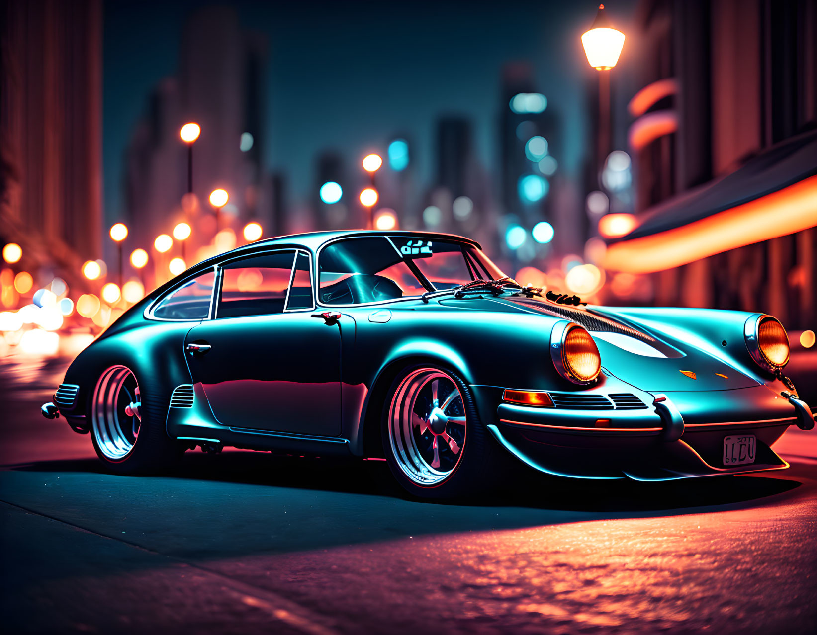 Vintage Porsche car parked on city street at night with streetlights and bokeh lights