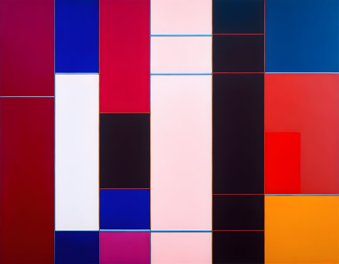 Colorful geometric grid painting with squares and rectangles in blue, red, white, black, pink,