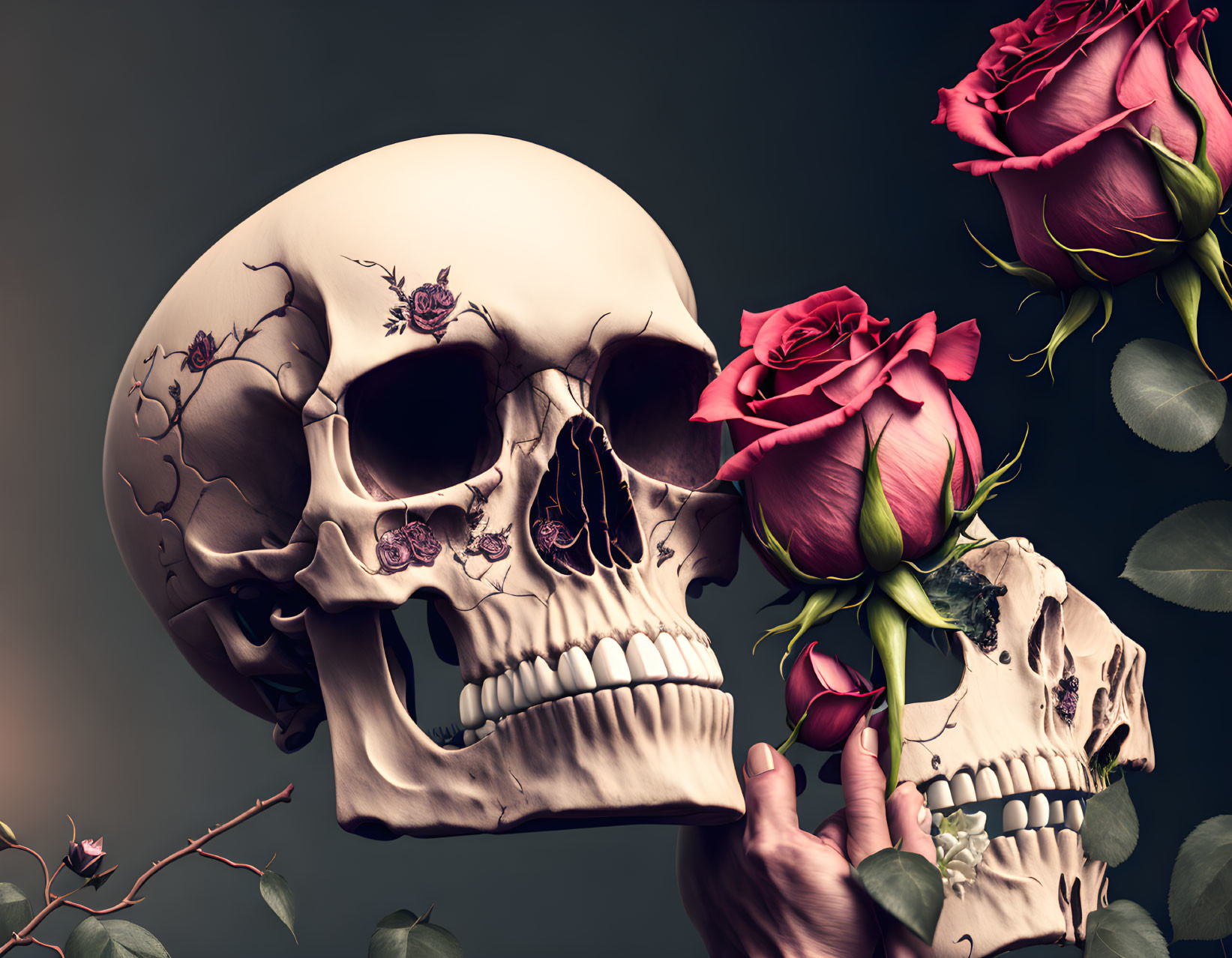 Skull with floral designs reflected in mirror with red roses and hand