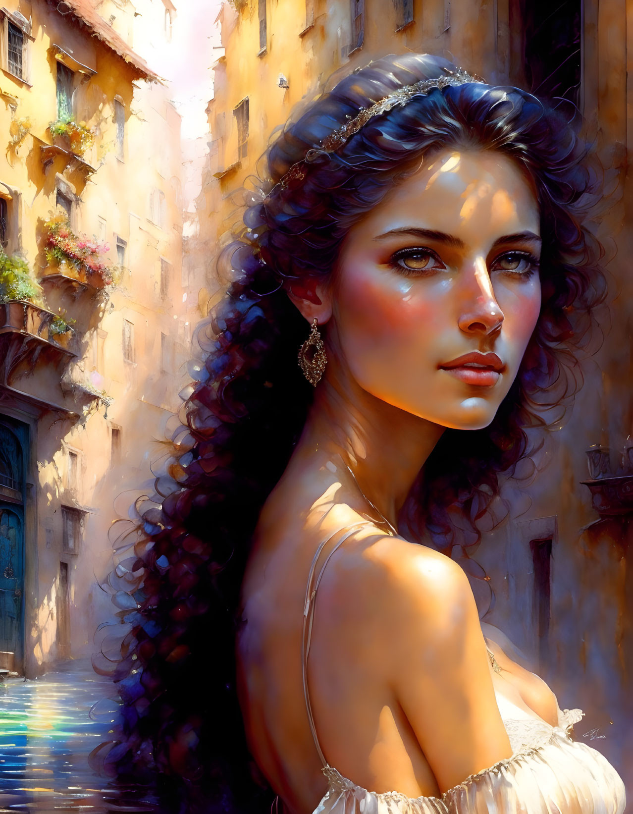 Portrait of woman with dark curly hair in sunlit alleyway