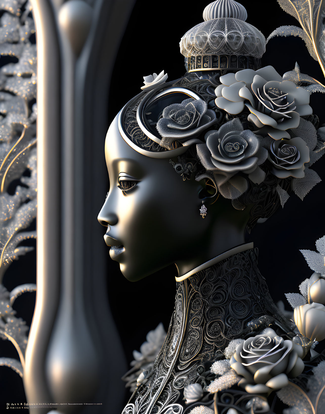 Detailed 3D rendering of female figure in ornate floral headdress and neckpiece on dark background