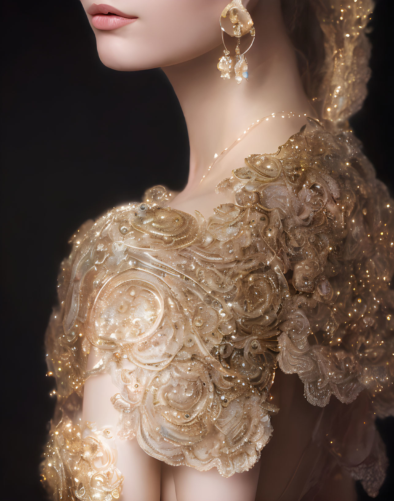 Detailed Close-Up of Person in Golden Embroidered Garment & Intricate Earring