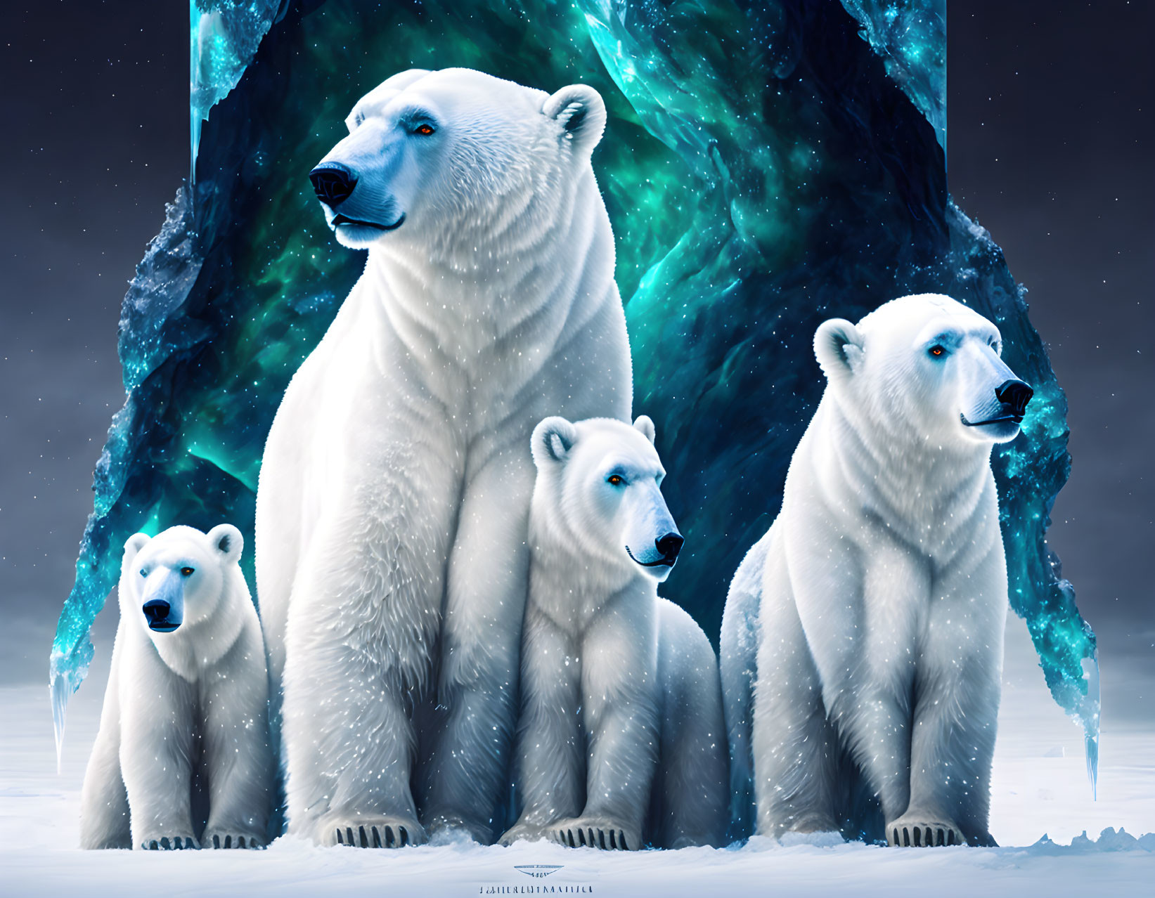 Digital artwork featuring four polar bears in various poses amid icy blue crystals and a starry night sky.