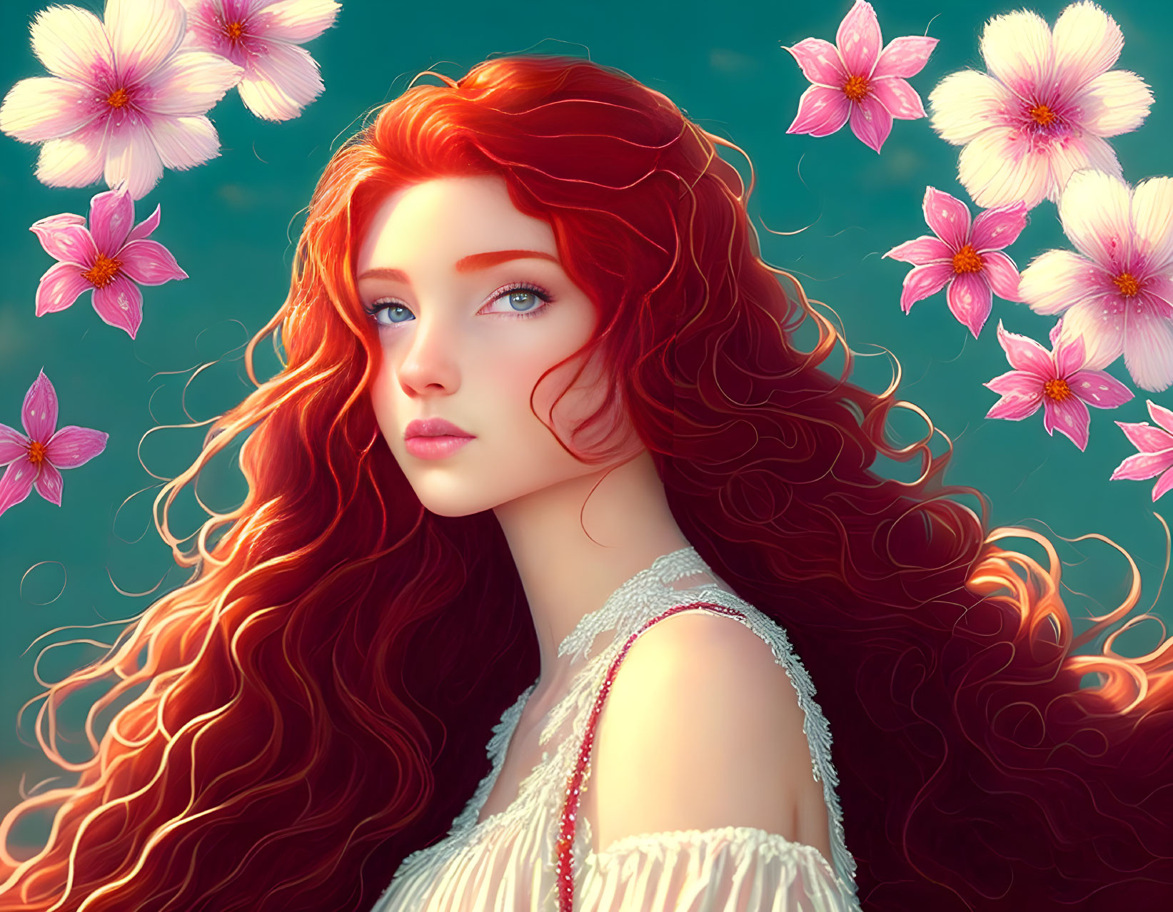 Portrait of woman with red hair, pink flowers, teal background