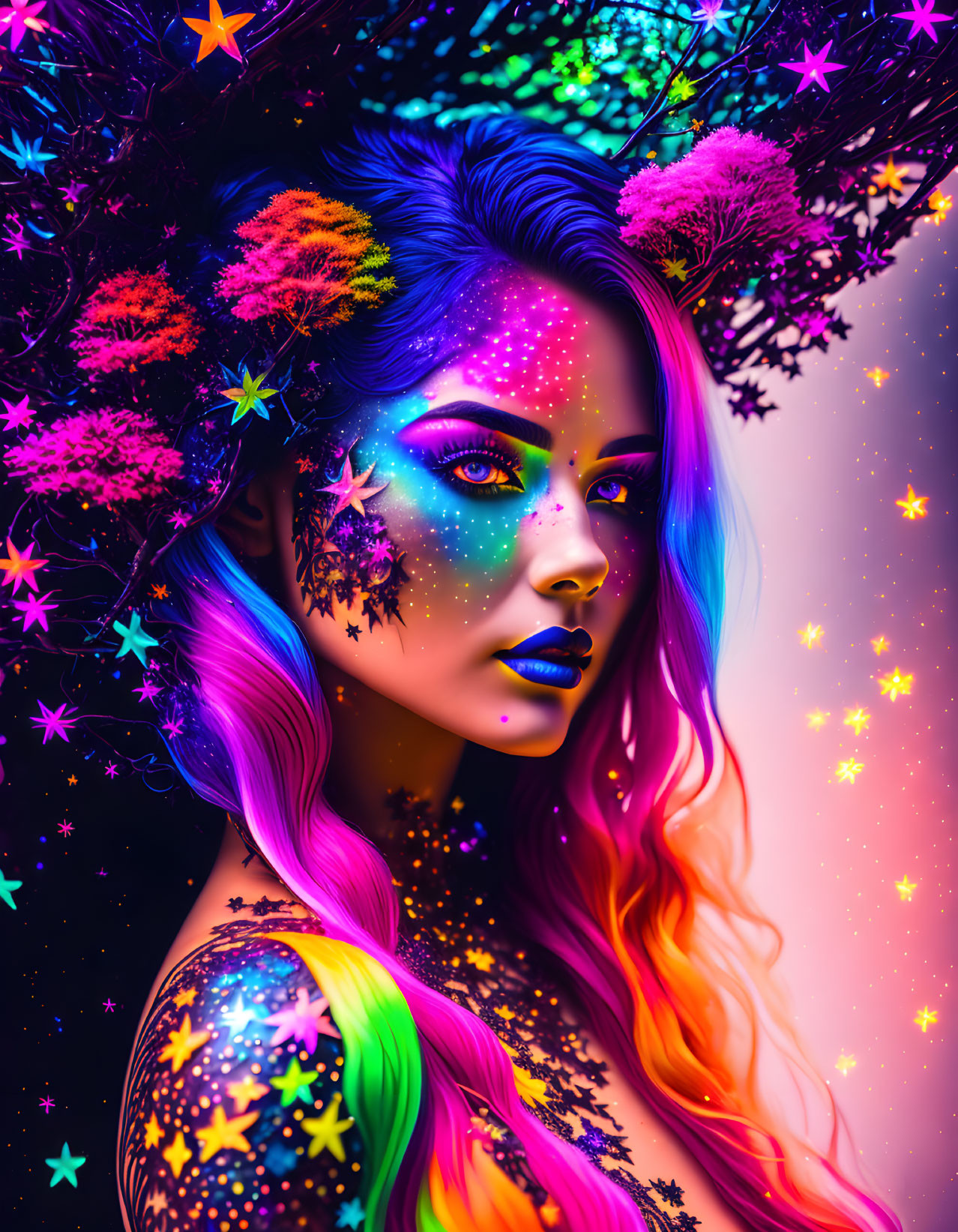 Colorful portrait of woman with neon makeup and rainbow hair in floral star headdress