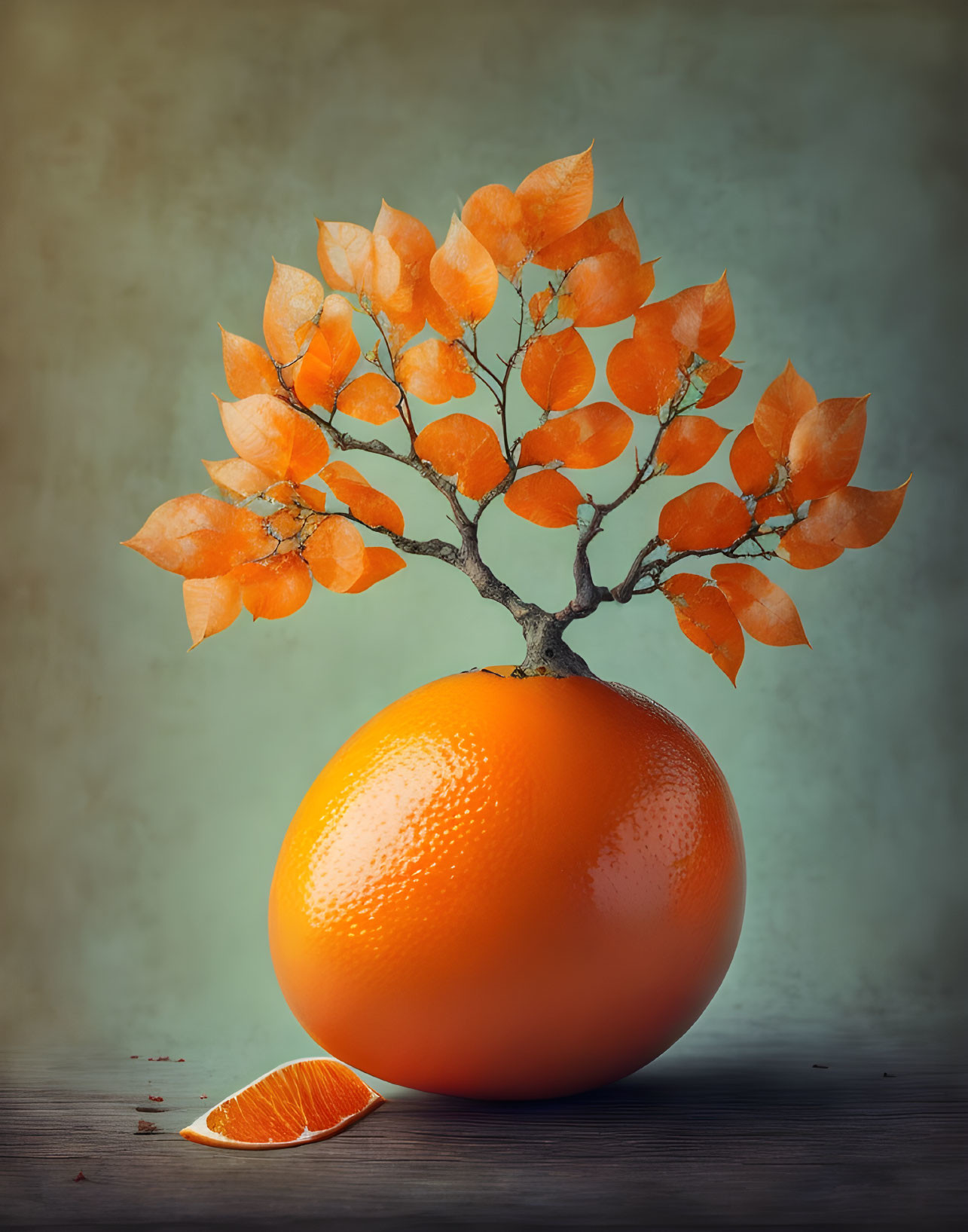 Orange Tree with Wedge on Table in Muted Background