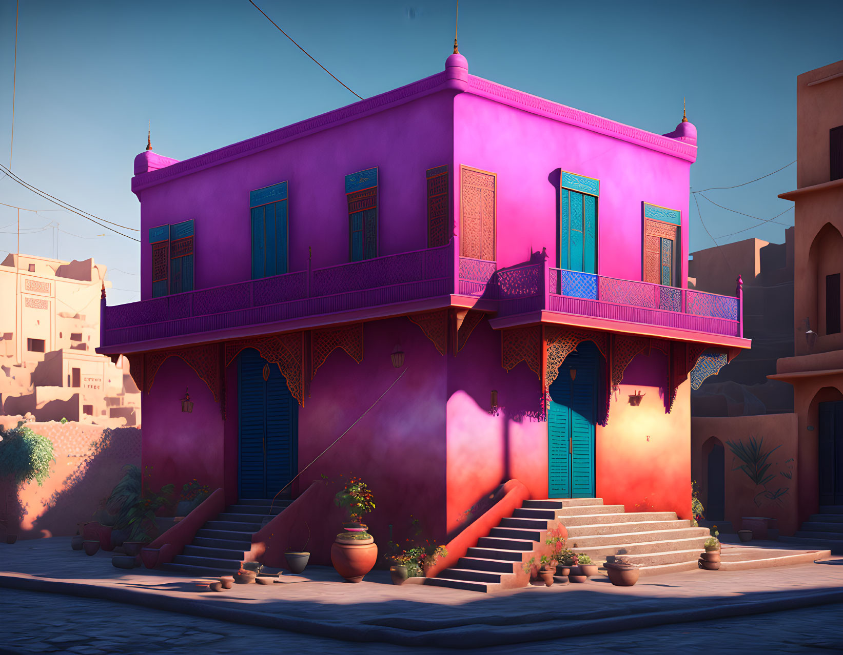 Pink two-story building with blue doors and potted plants in a traditional street