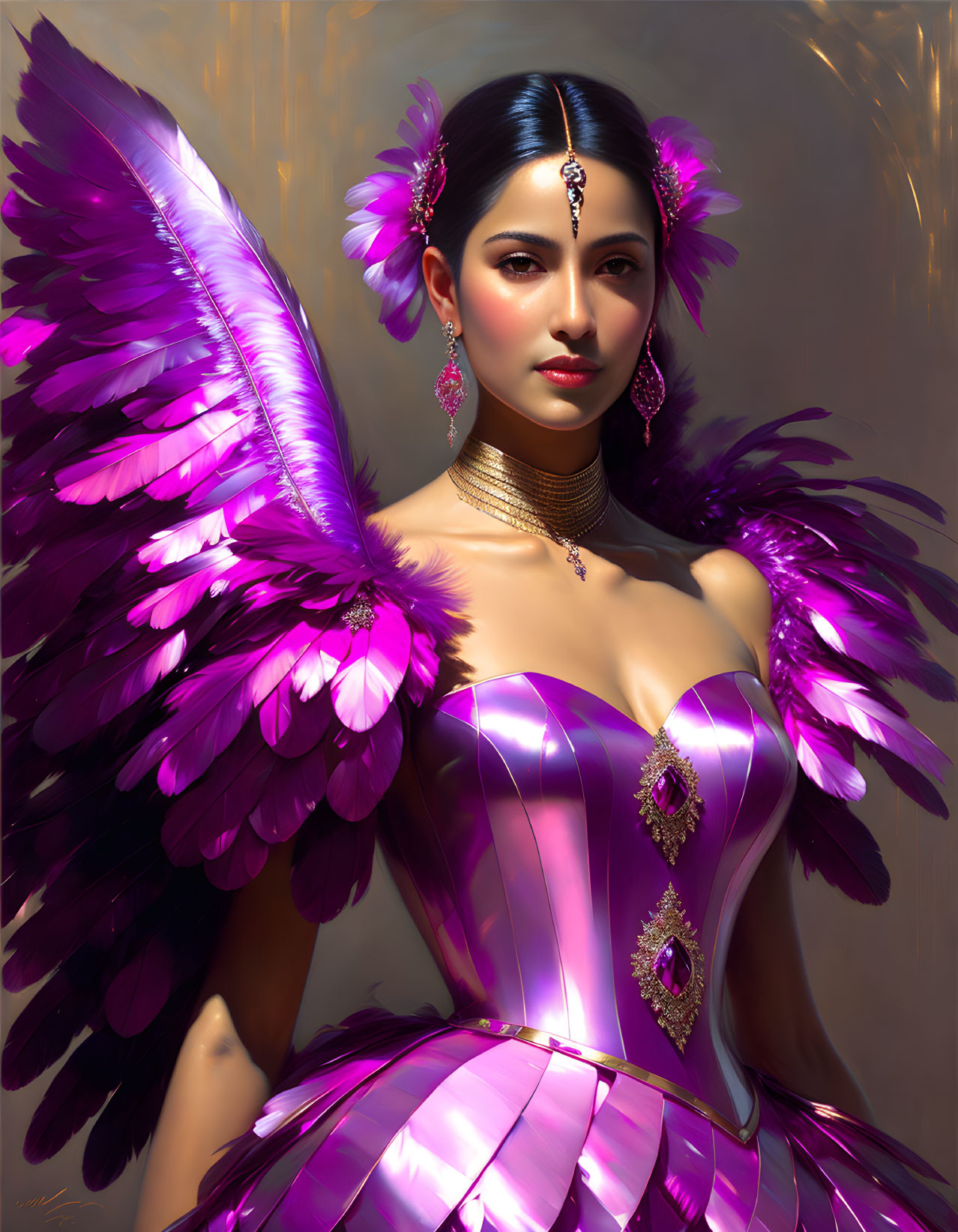 Woman with Large Purple Wings and Floral Attire: Elegant Fantasy Look