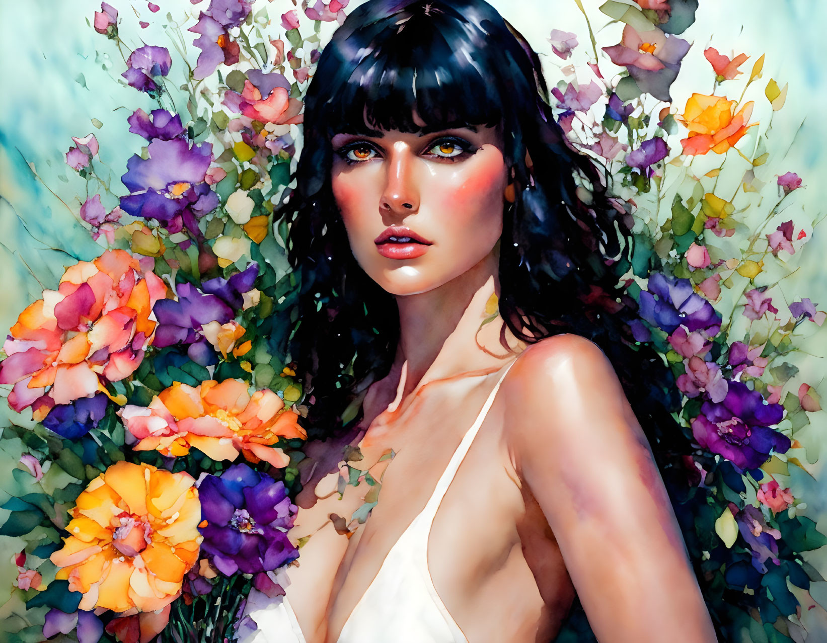 Digital painting: Woman with dark hair and blue eyes in colorful flower setting