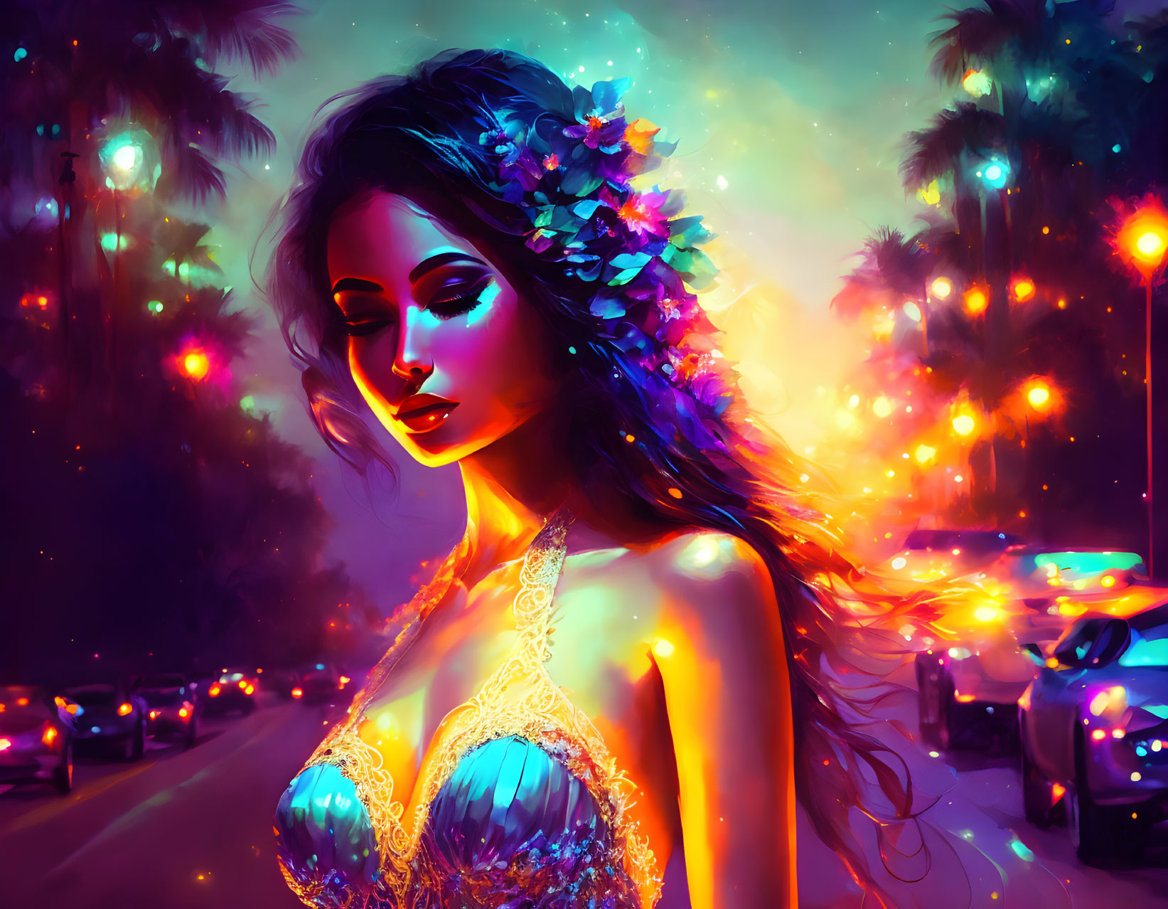 Digital Art: Woman with Flowers in Hair Amid Neon Palm Trees