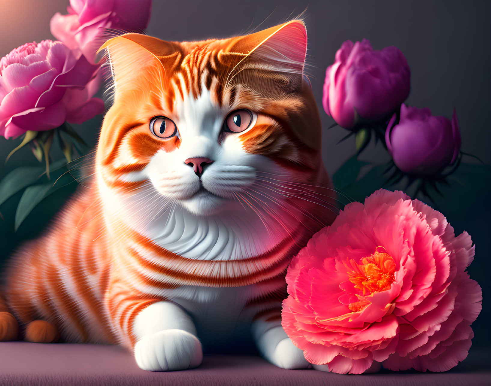 Orange and White Striped Cat with Pink Peony Flowers on Mauve Background