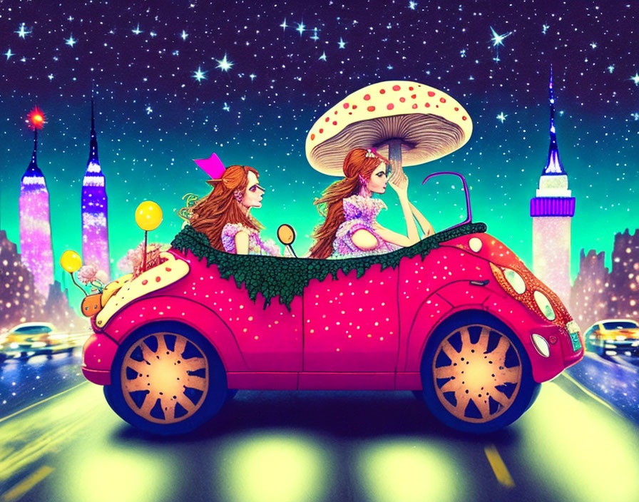 Animated girls drive whimsical pink car in sparkling city night scene