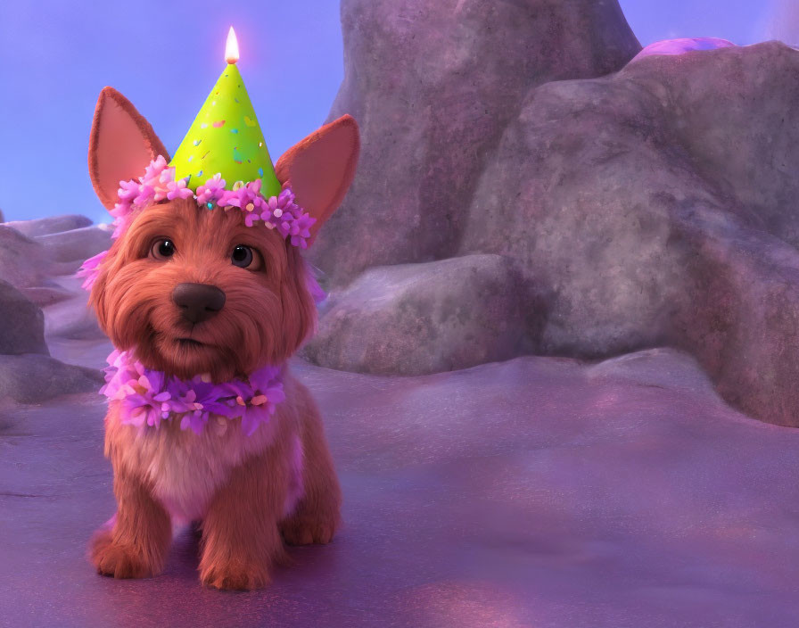 Animated puppy with party hat and flower collar on purple rocky background