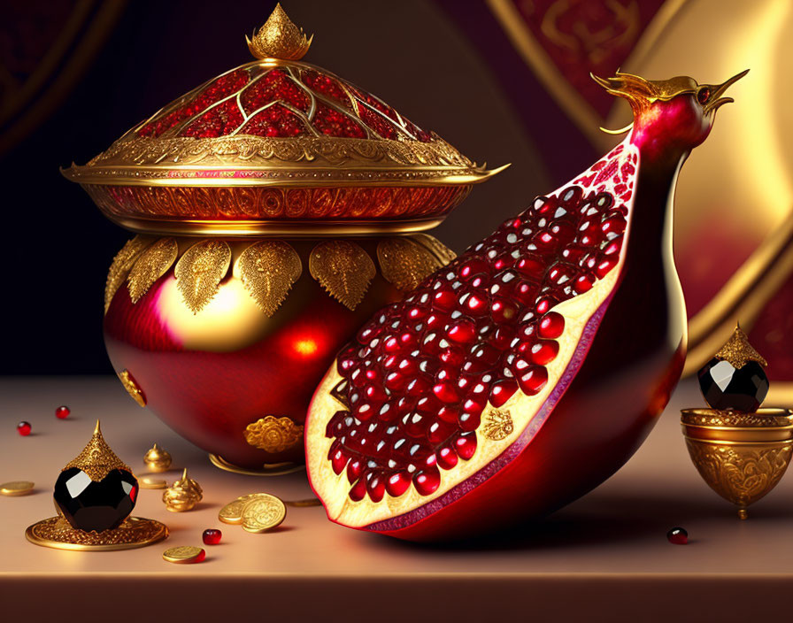 Luxurious still life: golden pomegranate, jeweled ornaments, coins symbolizing opulence