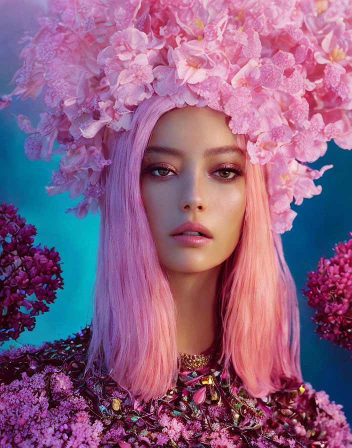 Pink-haired person in floral hat and embellished garment on blue background