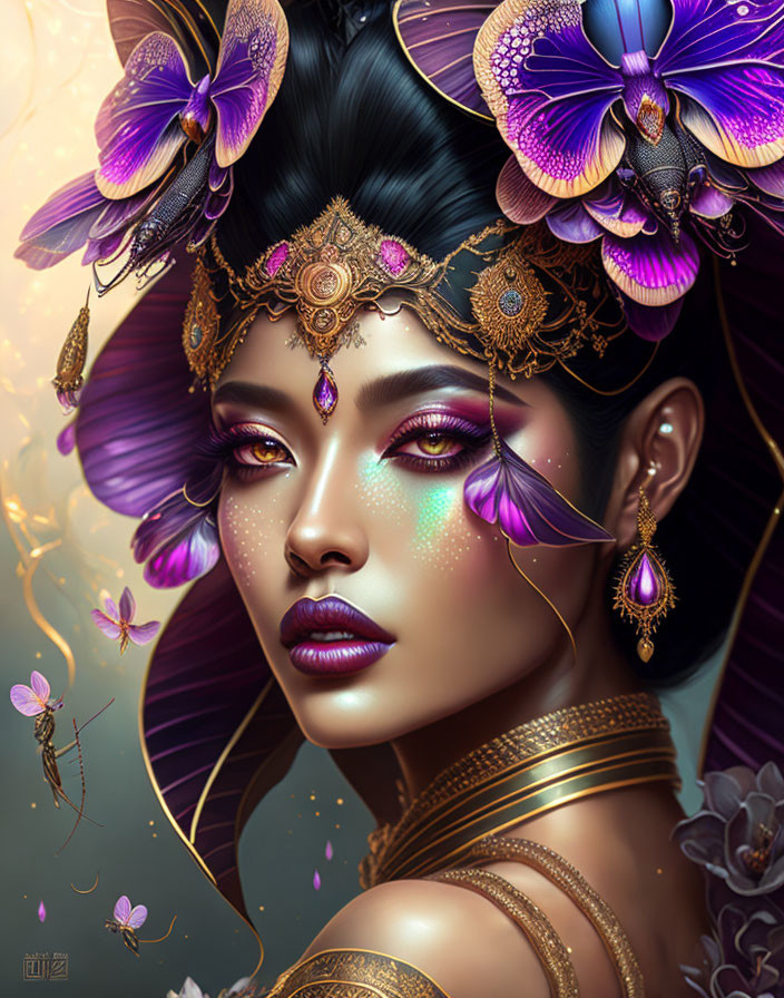 Digital artwork of woman with dark hair, purple flowers, golden jewelry, freckles, dragonflies