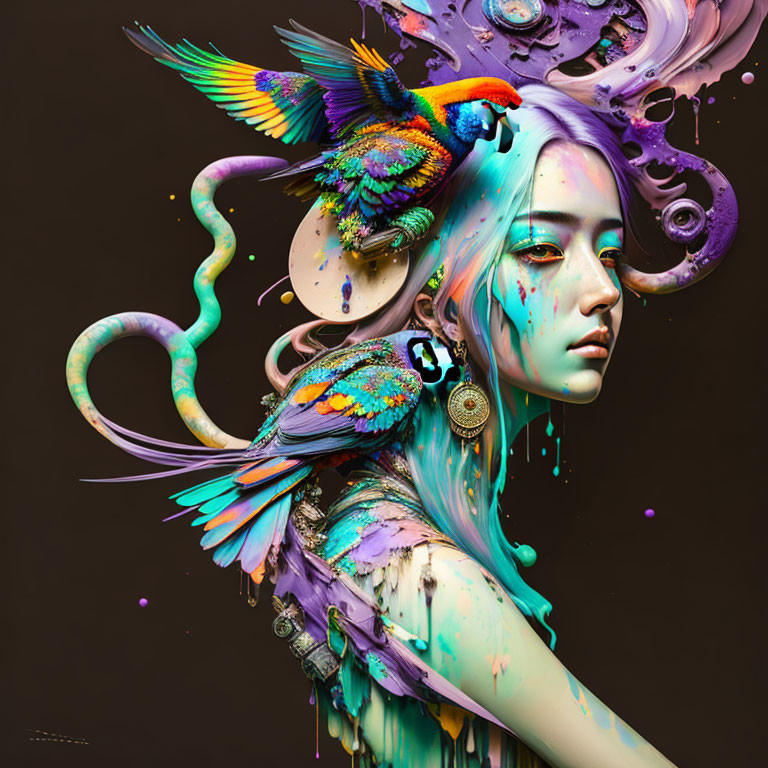 Colorful digital artwork: Female figure with birds and swirling forms