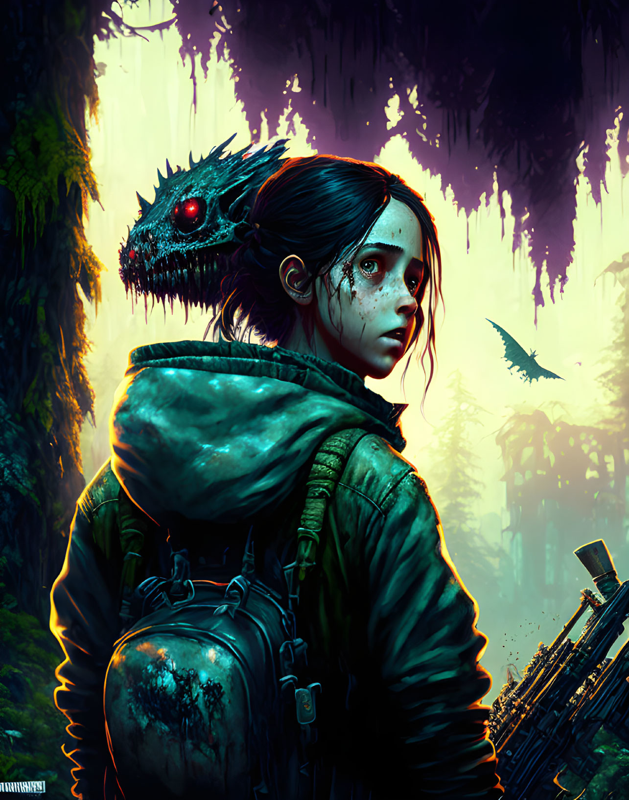 Girl with backpack in misty forest, creature with red eyes on shoulder, bird in eerie green light