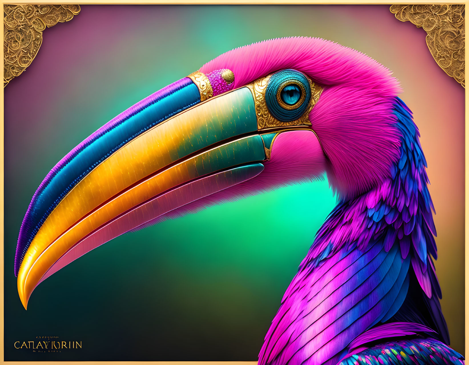 Colorful Toucan Image with Rainbow Beak on Gradient Background