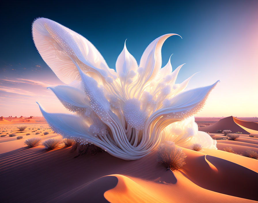 Intricate white flower-like structure in serene desert landscape