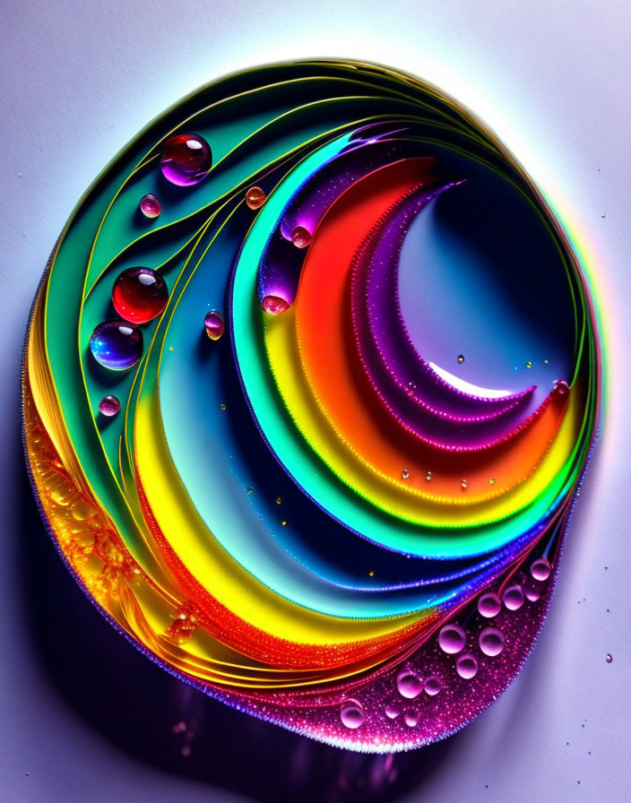 Colorful Rainbow Swirl with Glistening Droplets Psychedelic Abstract Art