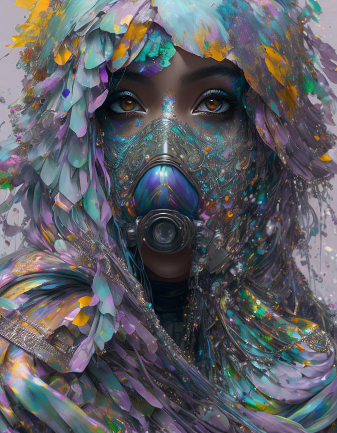 Person with expressive eyes in colorful feathered hood and futuristic gas mask