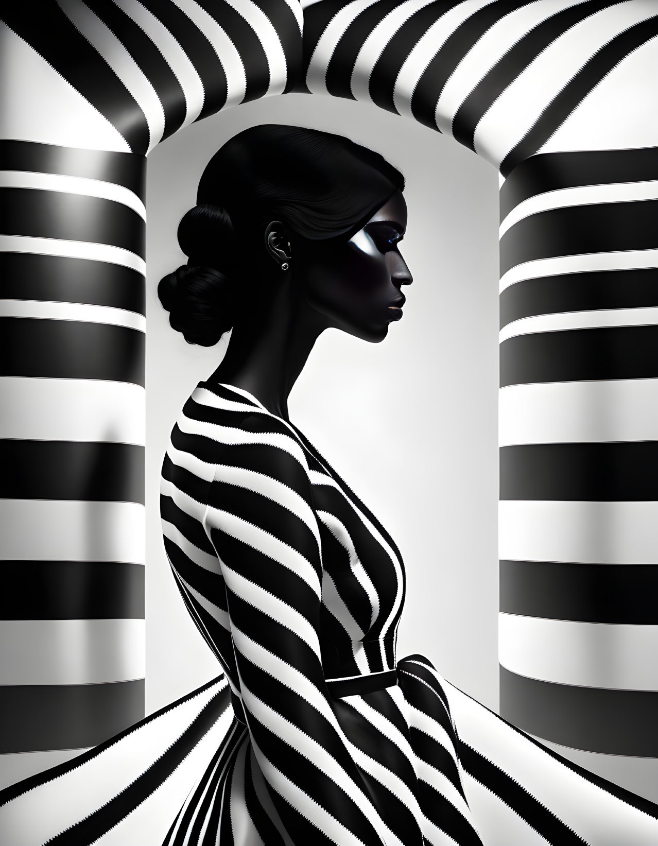 Monochrome art: Woman in striped attire, blending with background.