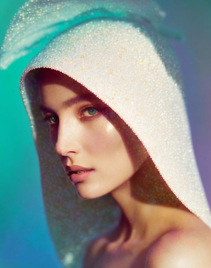 Blue-eyed person with glitter-covered skin in translucent hood on blue background