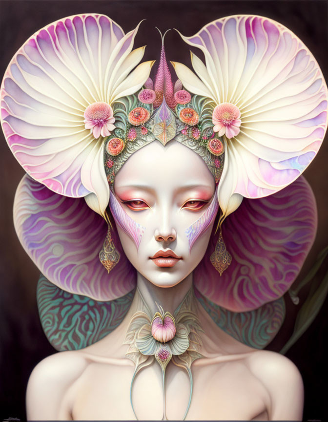 Fantasy-inspired artwork: Woman with floral headdress & intricate face markings