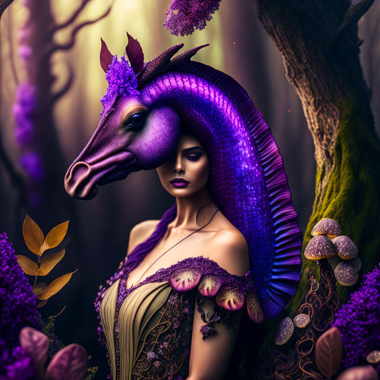 Woman with Horse Headpiece in Mystical Forest with Purple Foliage