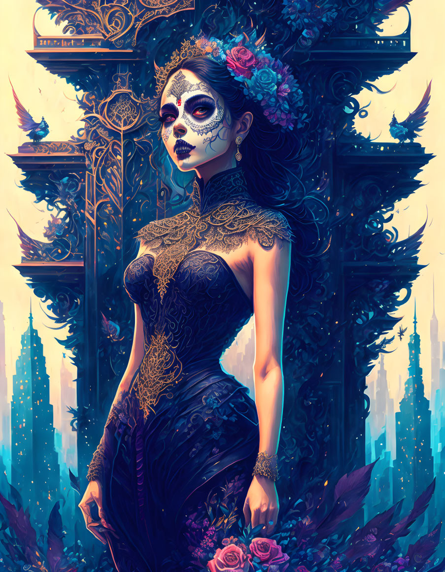 Illustrated woman in Day of the Dead makeup with floral headpiece and gothic backdrop