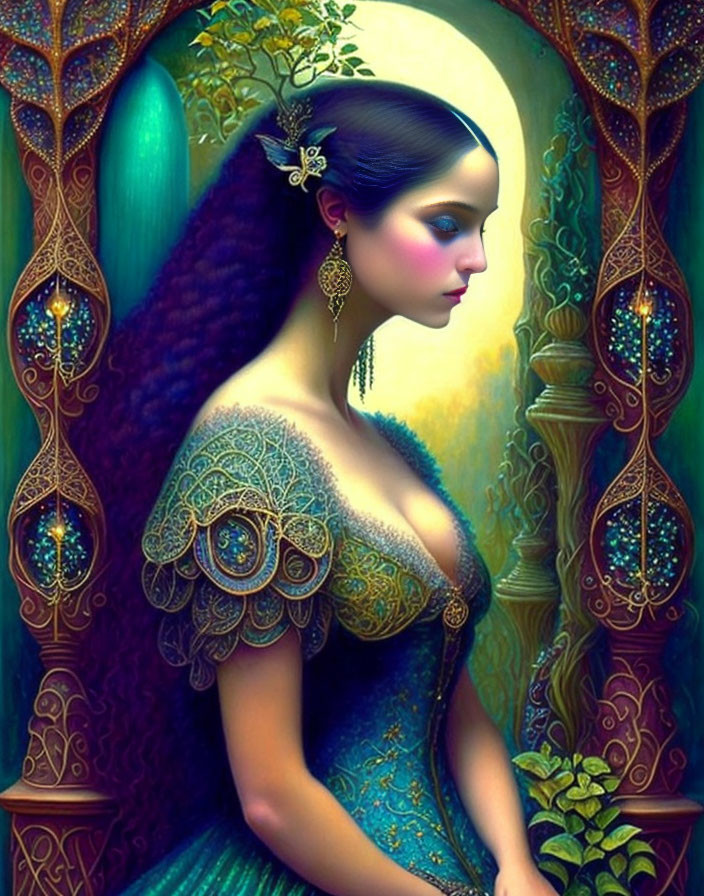 Stylized portrait of woman in ornate blue-green dress under bejeweled archway