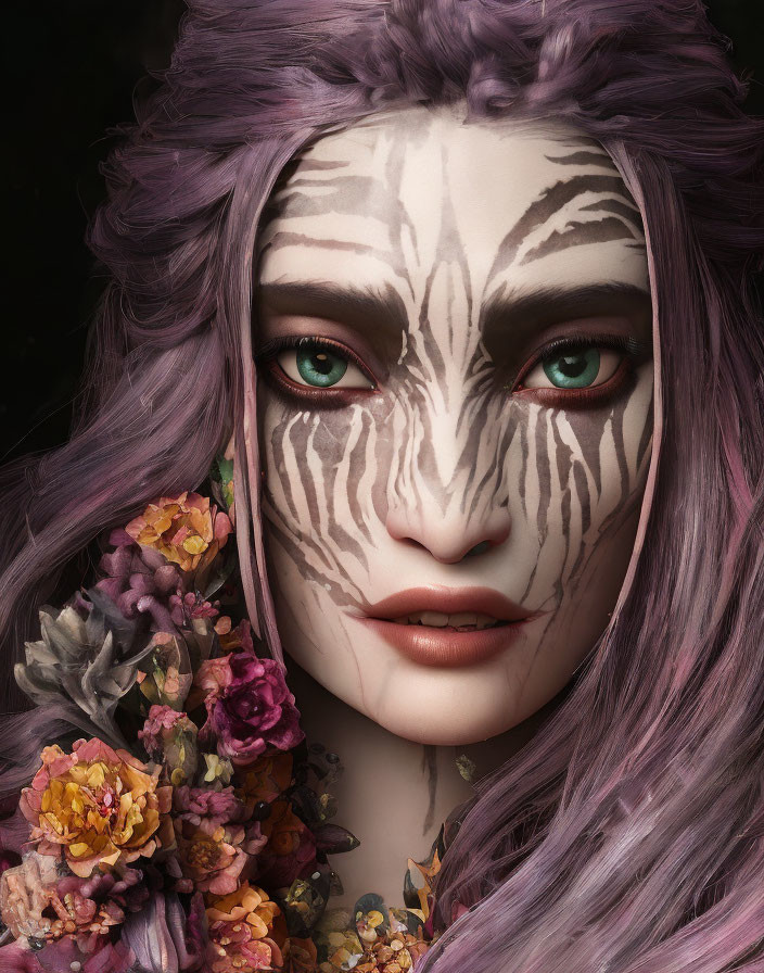 Fantasy character with purple hair, zebra-like stripes, green eyes, and floral adornment.