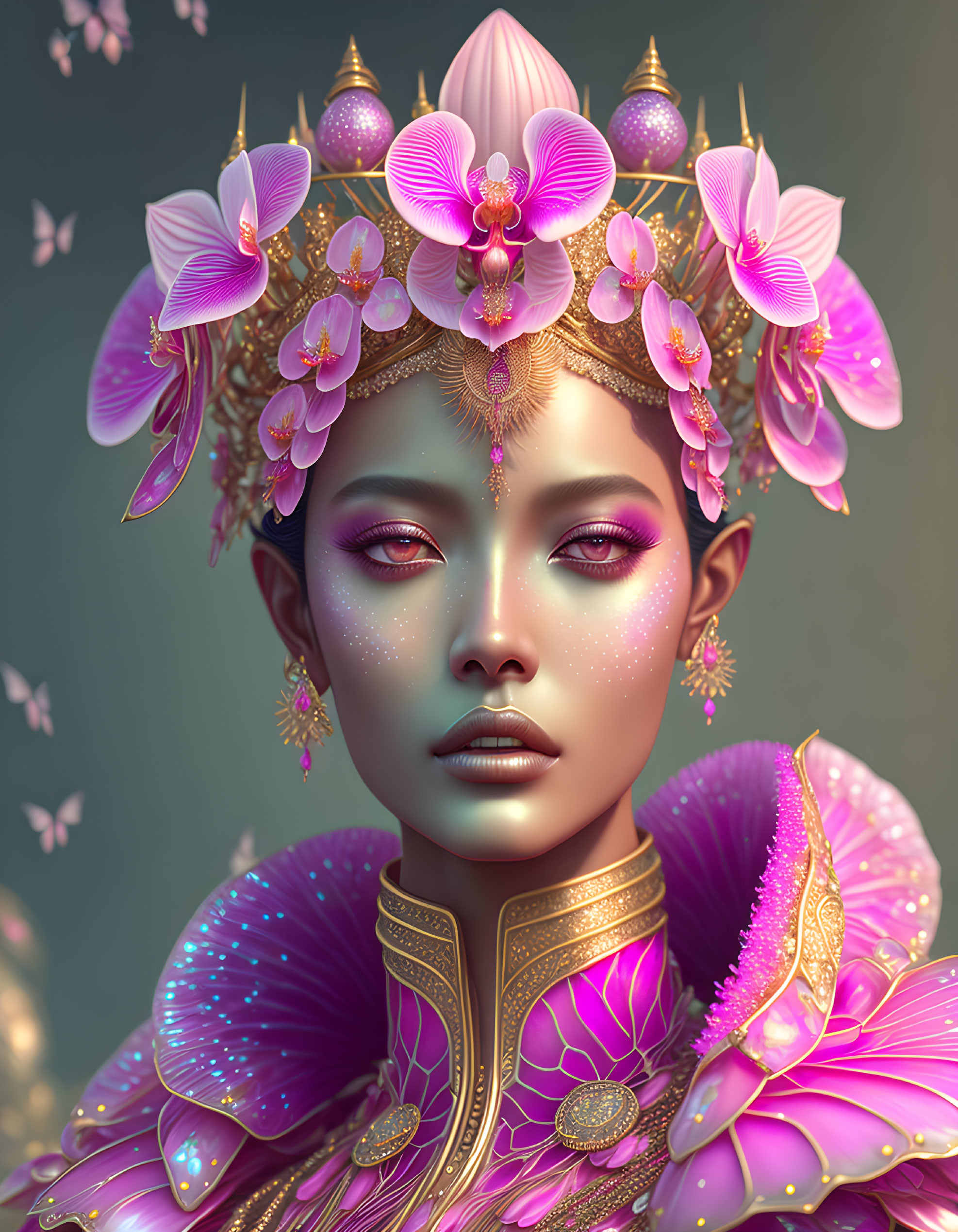 Digital artwork: Woman in pink & gold floral headdress with butterflies on muted backdrop