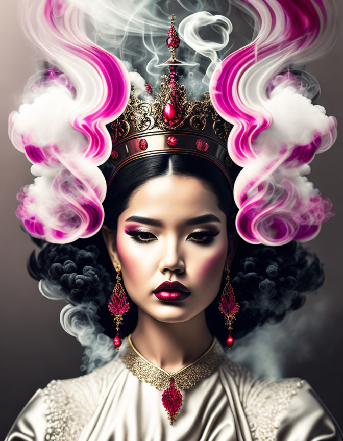 Stylized portrait of woman with ornate crown and swirling smoke